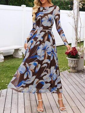 Women's Fall Wedding Guest Cocktail Long Sleeve Floral Maxi Dress